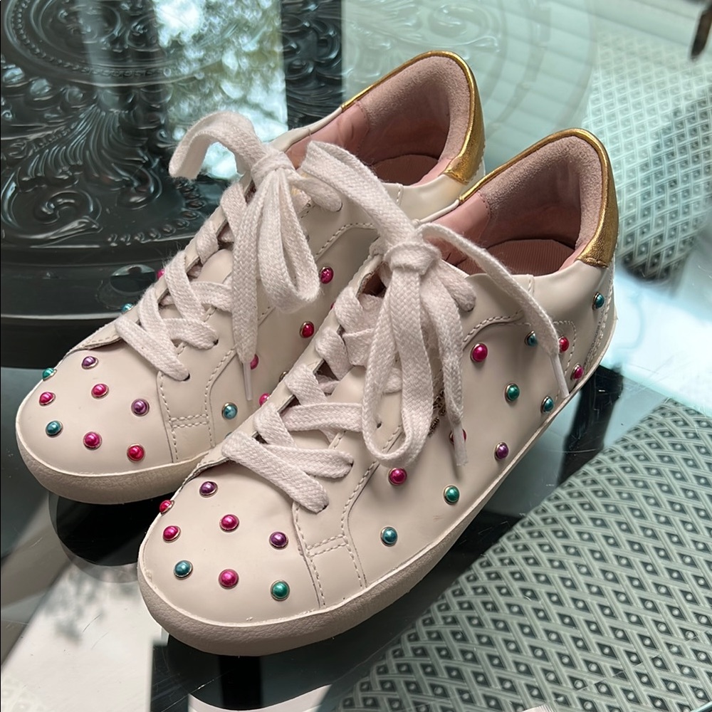 Kate Spade White Leather Multi Colored Polka Dot Candy Sneakers